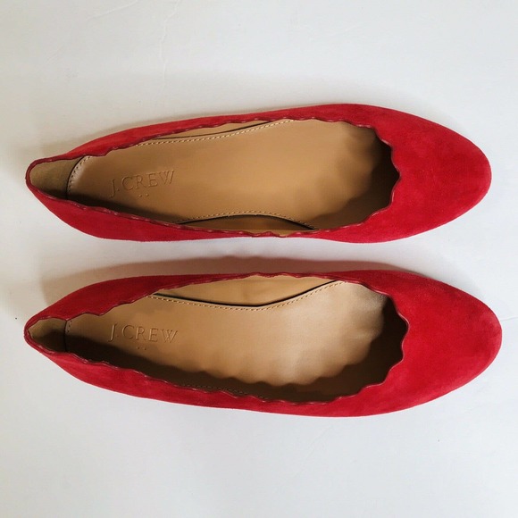 J Crew Poppy Red Suede Scallop Ballet Flats 7 - Picture 5 of 11
